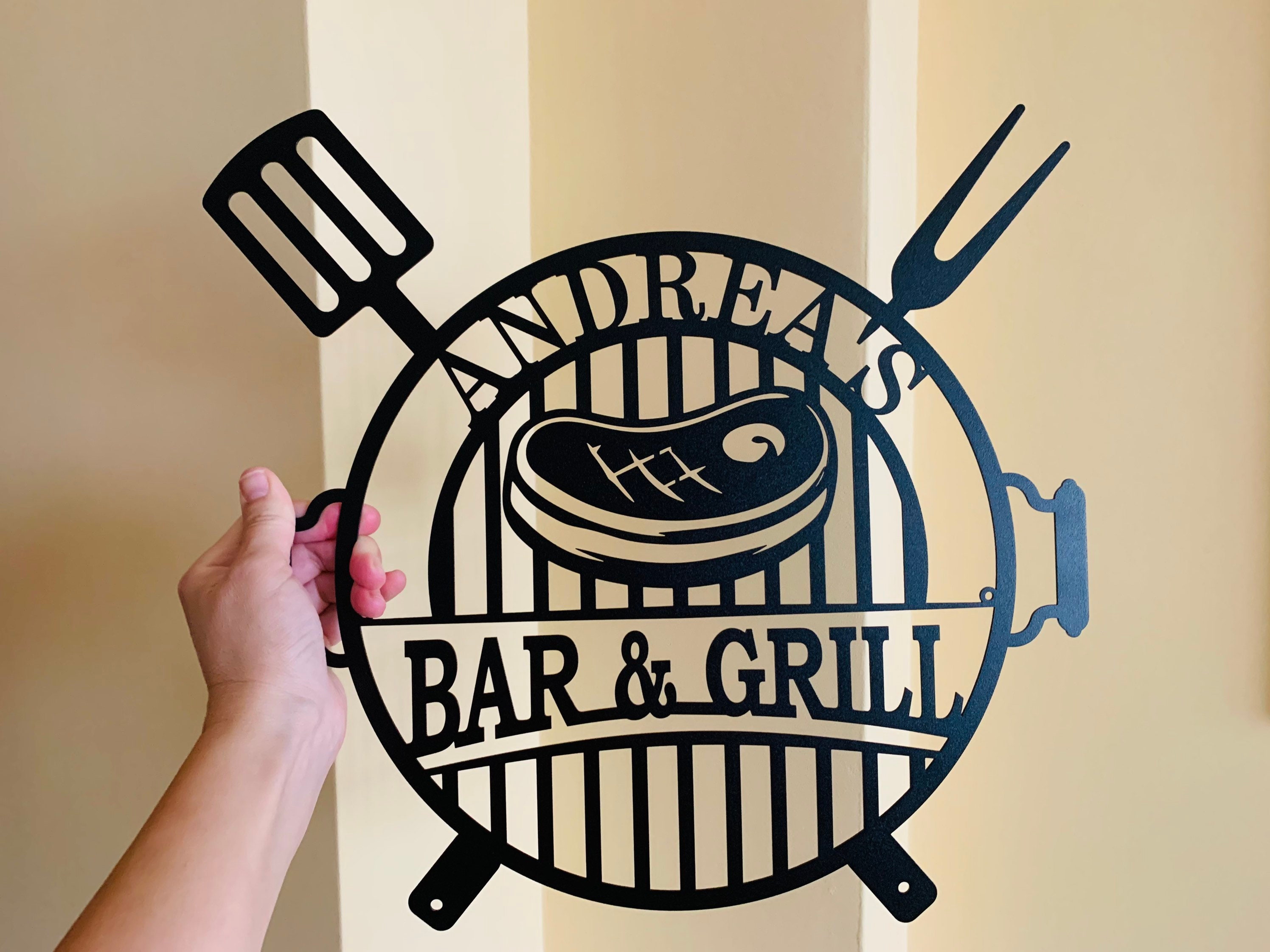 Personalized Bar & Grill Name Sign Metal Wall Art Custom Barbecue