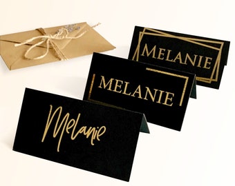 Personalized Wedding Black Place Name Cards Template Table Seating Card Tents Gold Foil Border Calligraphy Custom Guest Names Folded Cards