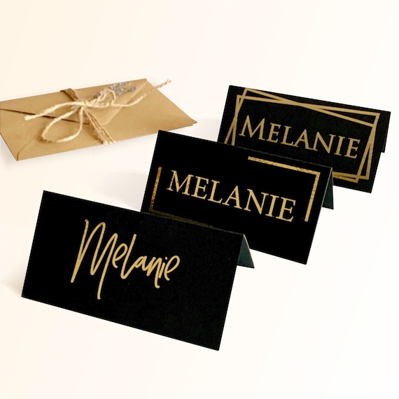 Personalized Wedding Black Place Cards with Gold Foil Names