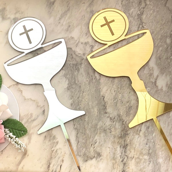 Erster Heiliger Kommunion Kelch Cup God Bless Cake Topper Kreuz Cake Topper Taufe Cupcake Topper Taufe Dekor Verfügbare Farben und Größen