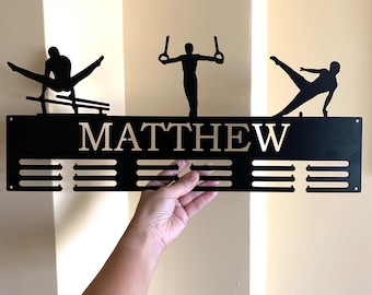Gymnastics Medal Holder with Custom Name - Personalized Metal Display Rack - 3 Male Figures