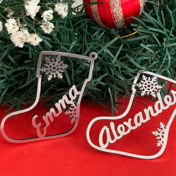 Personalized Stocking Gift Name Tags Custom Hanging Ornament for Christmas Tree Xmas Decorations Laser Cut Metal Snowflakes Stainless Steel