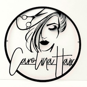 Hairdresser Sign with Custom Name - Text of your Choice, Personalized Hair Stylist Logo, Woman Face Beauty Salon Art Decor - Metal Wall Art