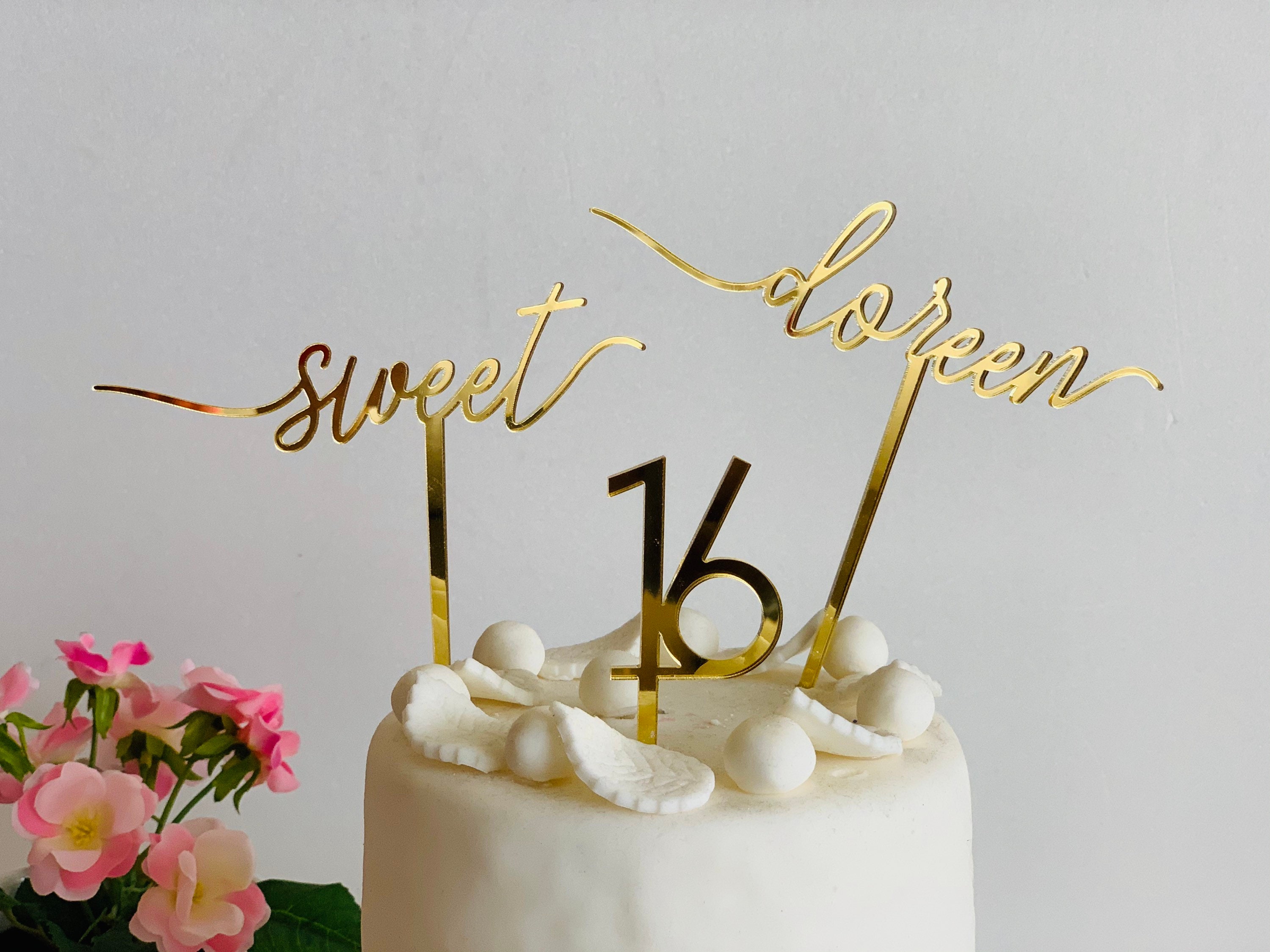 Sweet Sixteen Personalized Name Cake Topper Sweet 16 Party Decor Custom Any Name Age Cupcake Decorations Calligraphy Happy 16th Birthday