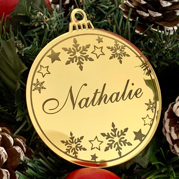 Personalized Christmas Tree Ornament Engraved Custom Name Holiday Decorations Mirrored 2024 Xmas Bauble Snowflake Christmas Family Gift Tags