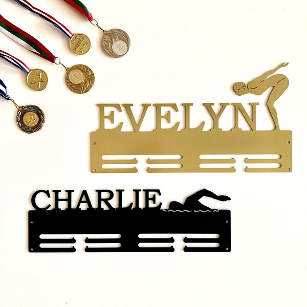 Personalized Swim Medal Holder Swimming Medal Wall Hanger Custom Name Sports Metal Display Rack for Awards, For Men or Women, Custom Design