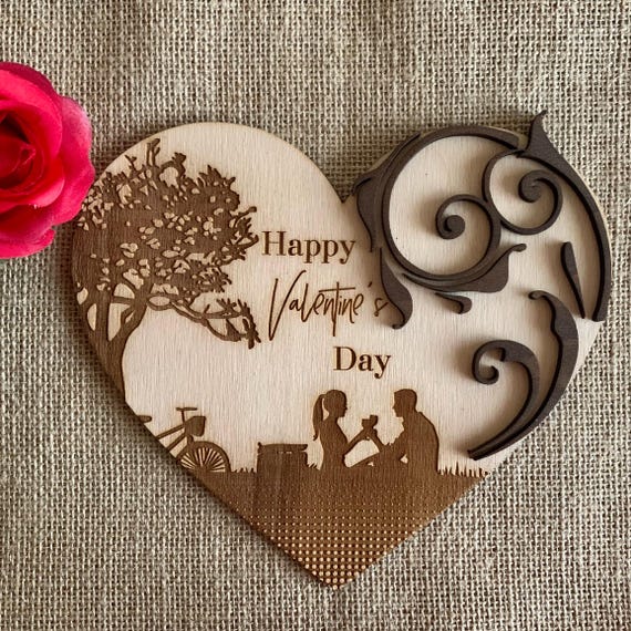 Personalized Wooden Heart Shape - Happy Valentine's Day - Love Engraved Postcard - 3D Wood Rustic Romantic Heart- Handmade Custom Ornament