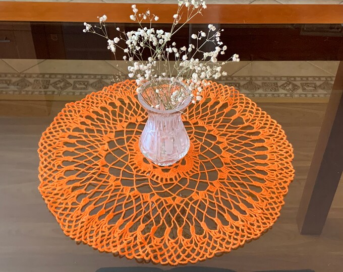 Orange Round Doily Crocheted Handmade Tablecloth Home Decoration Living Room, Kitchen Decor Table Centerpiece Crochet Placemat Gift for Mom