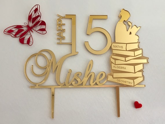 Custom Happy Birthday Cake Topper Personalized Name Age Gold Acrylic Party Cake Toppers Math Theme Girl Reading Book Silhouette Gift for her