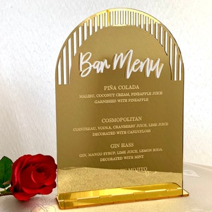 Personalisiertes Bogen Bar Menü Zeichen Benutzerdefinierte Hochzeit Bar Zeichen Tischdekoration Menü Getränke Liste Acryl Bar Schild Cocktails Wein Bier Tischplatte