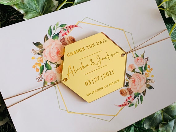 Change the Date & Wedding Acrylic Invitation, Personalized Names Wood Hexagon Shapes Modern Custom Invites Reception, Invitation to Follow
