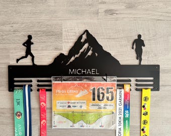 Personalized Metal Mountain Medal Holder with Race Bib Display, Running and Cycling Athlete Gift