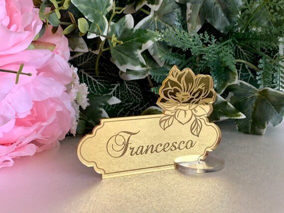 Personalized Wedding Acrylic Place Card Holders Freestanding Engraved Flower Guest Names Mirror Escort Cards Custom Name Settings Clear Base