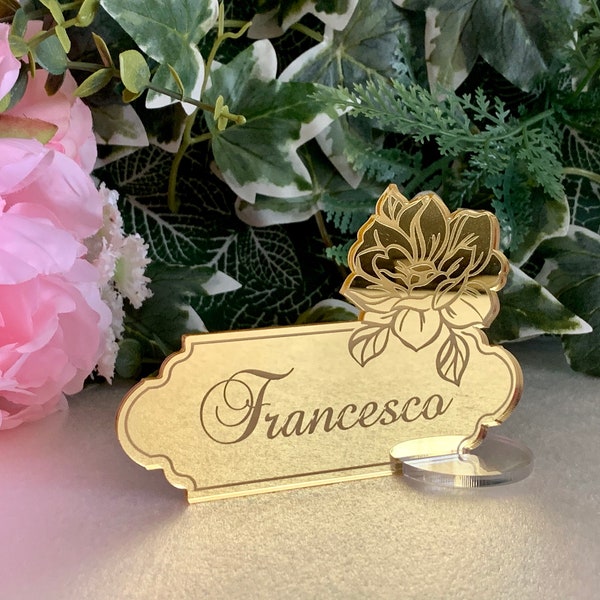 Personalized Wedding Acrylic Place Card Holders Freestanding Engraved Flower Guest Names Mirror Escort Cards Custom Name Settings Clear Base