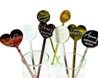 Personalized Heart Name Drink Stirrers Custom Swizzle Stir Sticks Happy Mothers Day Birthday Table Decor Weddings, Engagement, Baby Showers