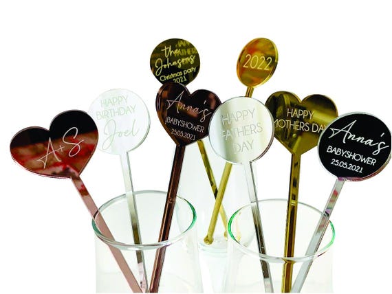 Personalized Heart Name Drink Stirrers Custom Swizzle Stir Sticks Happy Mothers Day Birthday Table Decor Weddings, Engagement, Baby Showers