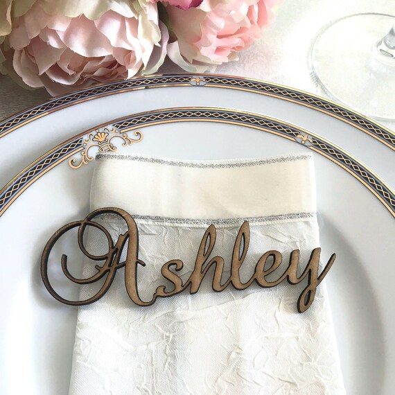 Laser cut names for weddings Custom wood word Place name settings Personalized place cards Modern calligraphy Elegant fonts Reception table