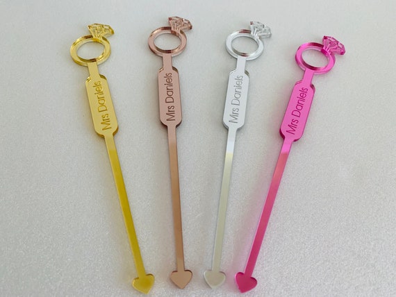 Custom Diamond Cocktail Ring Stirrers Personalized Swizzle Stir Stick Engraved Names Bachelorette Party Decoration Geometric Diamond Topper
