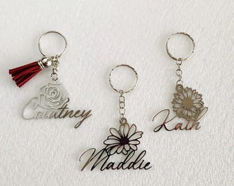 Personalized Birth Flower Keychain with Custom Name - Personalized Floral Keyring
