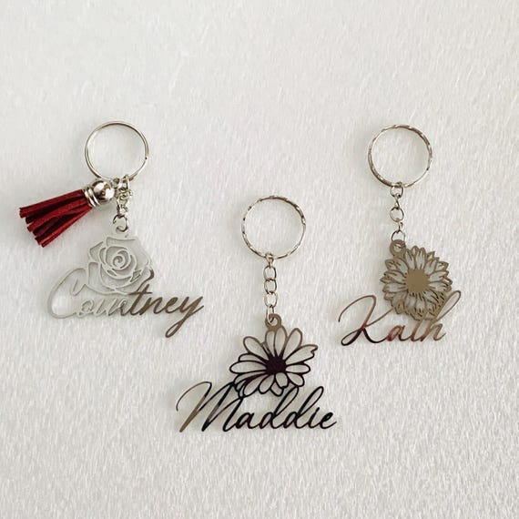 Personalized Birth Flower Keychain with Custom Name - Personalized Floral Keyring