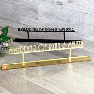 Custom Wedding Hashtag Sign - Personalized Freestanding Tabletop Signage - Acrylic or Wood Reception & Party Decor