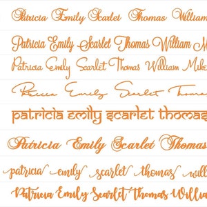 Peut inclure: Un tableau pr&eacute;sentant huit styles de police orange diff&eacute;rents, &eacute;tiquet&eacute;s FONT 16 &agrave; FONT 23. Chaque ligne affiche les pr&eacute;noms Patricia, Emily, Scarlet, Thomas, William et Mike dans une police unique pour montrer les diff&eacute;rentes options de lettrage.
