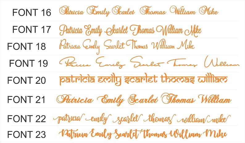 Peut inclure: Un tableau pr&eacute;sentant huit styles de police orange diff&eacute;rents, &eacute;tiquet&eacute;s FONT 16 &agrave; FONT 23. Chaque ligne affiche les pr&eacute;noms Patricia, Emily, Scarlet, Thomas, William et Mike dans une police unique pour montrer les diff&eacute;rentes options de lettrage.