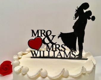 Personalized Wedding Cake Topper Bride and Groom Silhouette Mr and Mrs Red Heart Acrylic Cake Topper with Last Name Custom Cake Decorations