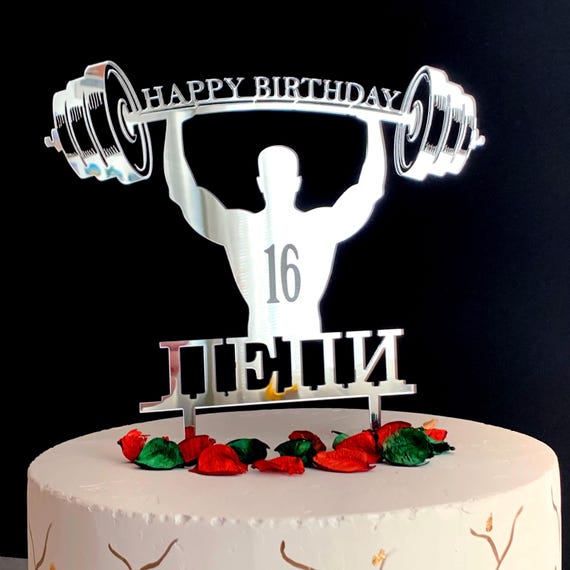Personalized Bodybuilder Cake Topper – Custom Name & Age – Strong Man, Weightlifter, Fitness, Gym, Bodybuilding, Muscle Man Silhouette