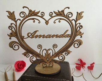 Personalized Wooden Heart Freestanding Laser Cut Ornament Valentines Day Gift Wood Shape Custom Name Sign Rustic Home Decor Mothers Day Gift