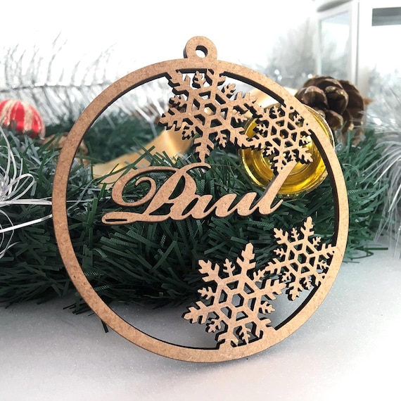 Personalized Christmas Name Bauble, Custom Wood Ornament, Gift Tags, Xmas Tree Decorations Wooden Snowflakes Handmade First Christmas