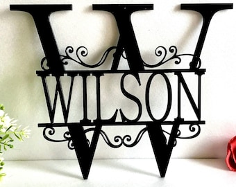 Split Letter Wall Monogram,  Door Wreath Hanger, Personalized Garden Metal or Acrylic Family Sign, Custom initial & Last Name Wedding Gift