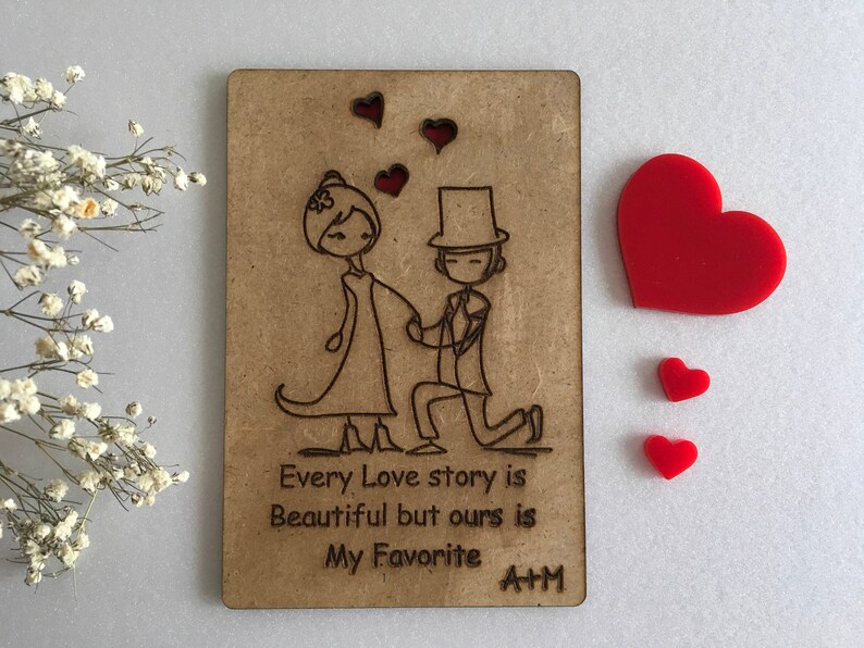 Valentines Day Cards Love Story 1st Anniversary Cards Personalized Wood Card Engraved Initials Love greeting card for couple Gift for her image 1