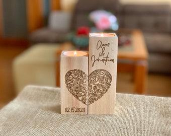 Personalized Wooden Candle Holder, Filigree Heart Engraved, Names and Date, Wedding Anniversary Gift Keepsake