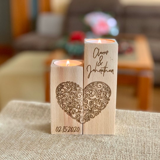 Disover Personalized Wooden Candle Holder Heart Love Tea light Candles Wedding Save Date