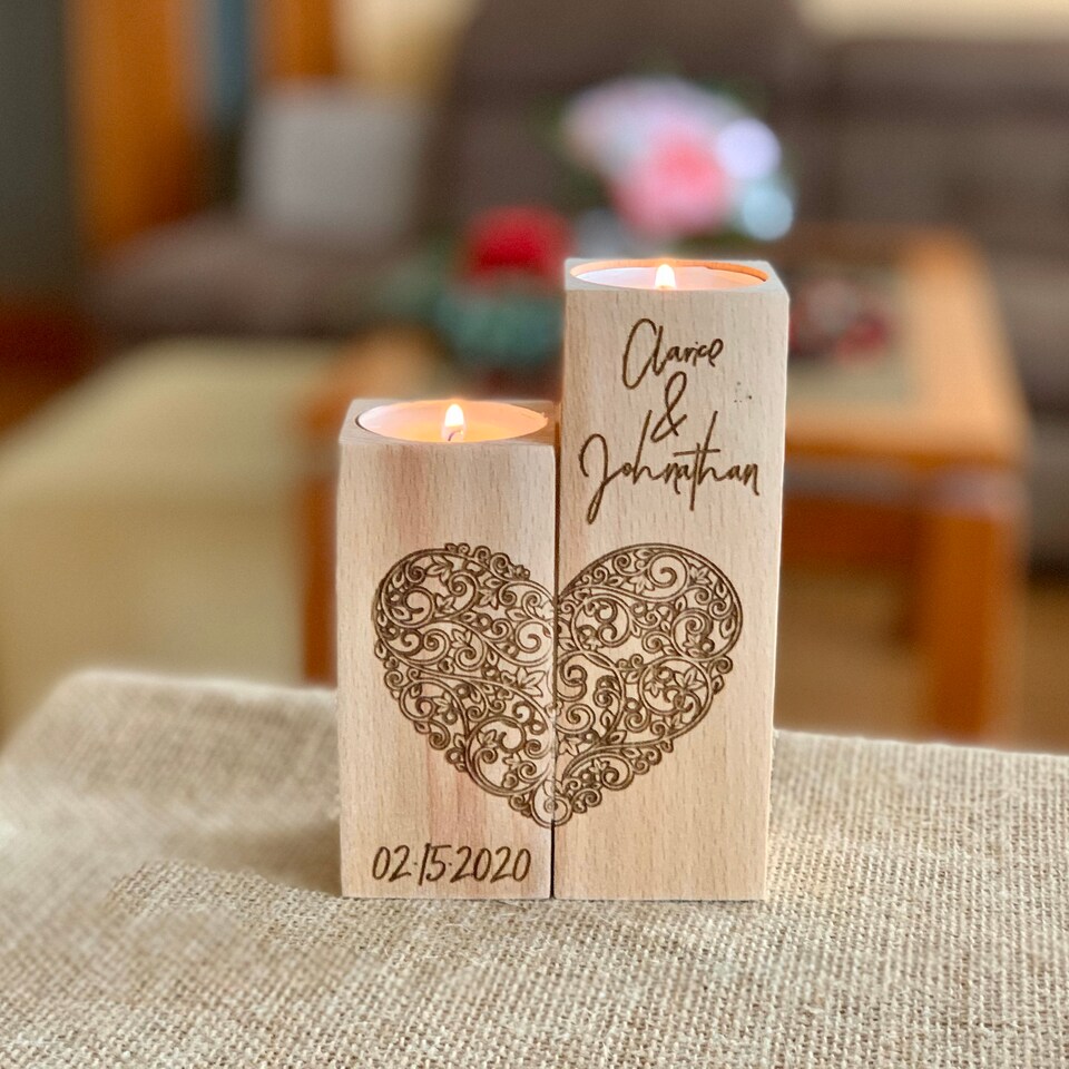 Discover Personalized Wooden Candle Holder Heart Love Tea light Candles Wedding Save Date