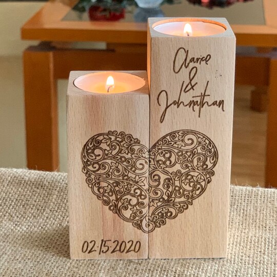 Disover Personalized Wooden Candle Holder Heart Love Tea light Candles Wedding Save Date