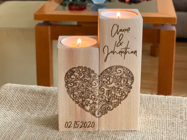 Personalized Wood Candle Holder Custom Names and Special Date Heart Shape Love Tealight Candle Holder Anniversary Gift for Couples image 7