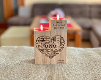 Personalized Heart Wood Candle Holder Mother's Day Gift Save the Date Love Heart Custom Words Engraved Inspirational Words Gifrt for Mom