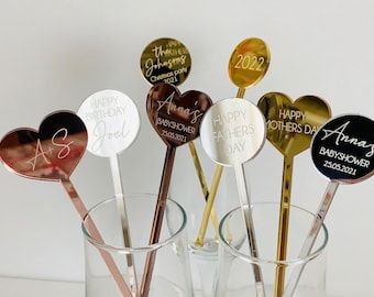 Personalized Heart Name Drink Stirrers Custom Swizzle Stir Sticks Happy Mothers Day Birthday Table Decor Weddings, Engagement, Baby Showers