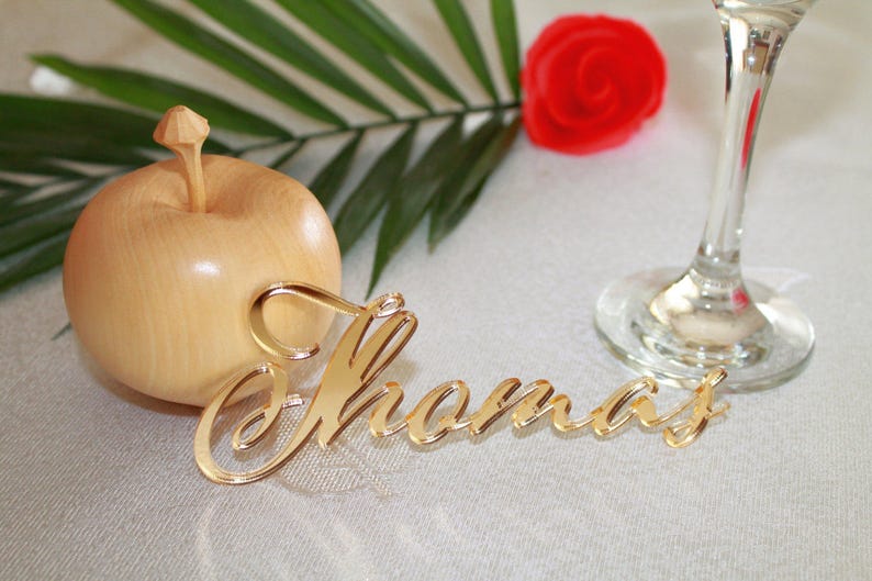 Wooden laser cut names Wedding place cards Name place settings Wooden wedding sign Rustic wedding names Laser cut wood Name tags for wedding Gold Mirror