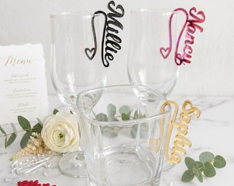 Personalized Wine Glass Charms, Custom Name Hanging Drink Markers with Heart