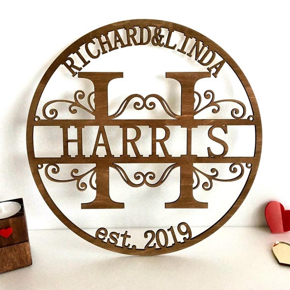 Custom Wood Family Last Name Sign Wooden Wedding Gift Initial Split Letter Laser Cut First Names Est. Year Established Personalized Monogram