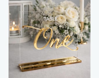 Personalized Wedding Table Numbers - Gold Mirror Acrylic Sign for Modern Reception