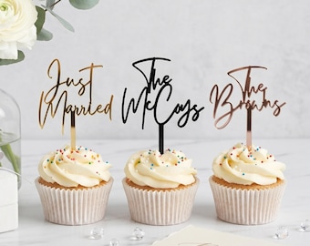Personalized Wedding Cupcake Toppers, Custom Last Name Picks, Anniversary Dessert Decor