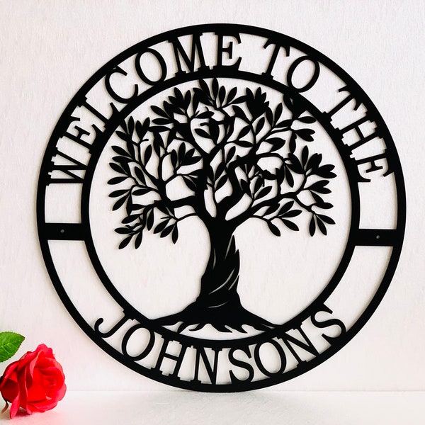 Personalized Welcome Metal Sign Welcome to Our Home Custom Family Tree of Life Sign Door Sign with Family Name Wall Hanging Olive Tree Sign