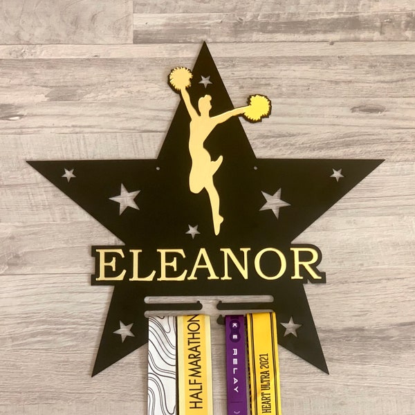 Custom Cheer Star Medal Holder - Personalized Cheerleader Gift and Display Rack for Awards - Name Included - Cheerleading Medal Metal Hanger