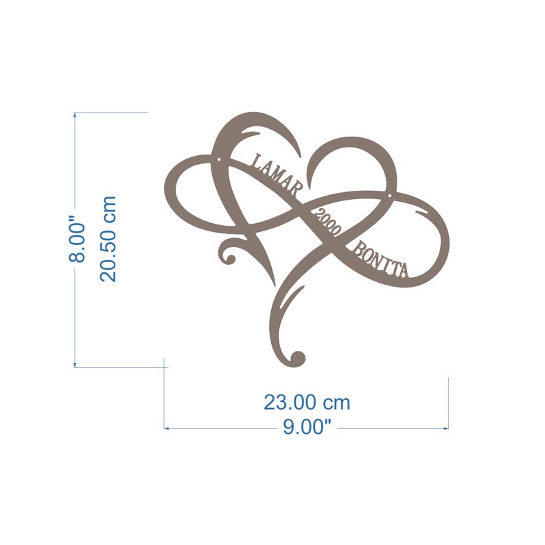May include: A brown metal infinity symbol with a heart shape in the center. The names "Lamar" and "Bonita" are written on the symbol, along with the year "2000". The symbol is 8 inches tall and 9 inches wide.