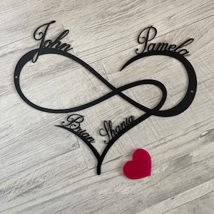 Corazón de infinito con nombre de familia personalizado - Letrero de infinito personalizado con nombres personalizados - Letrero de metal de amor - Decoración de pared con corazón de infinito como regalo