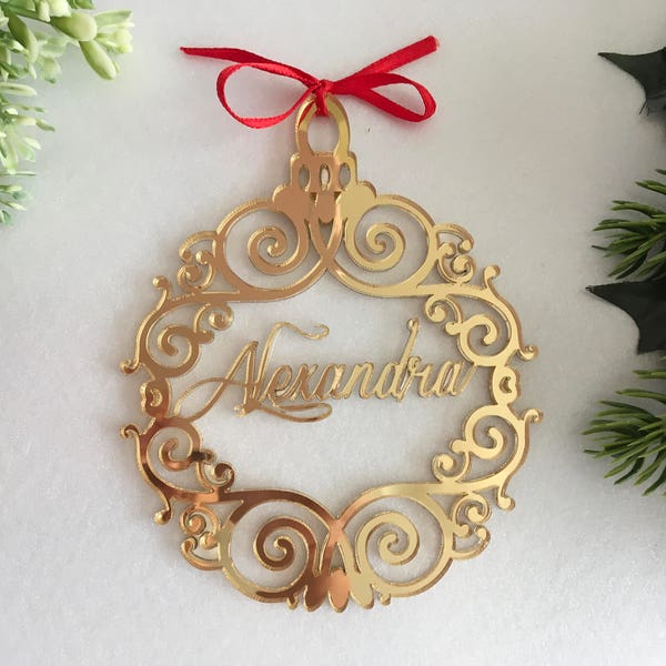 Boule de Noël personnalisé avec prénom, décoration d'arbre, décoration d'arbre, miroir doré, décoration de la maison suspendue, cadeau personnalisé pour elle